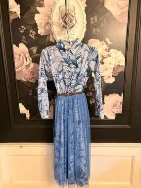 Dixie Rare find  Blue Floral Print and Stripe Shirt Dress with Tulle Skirt